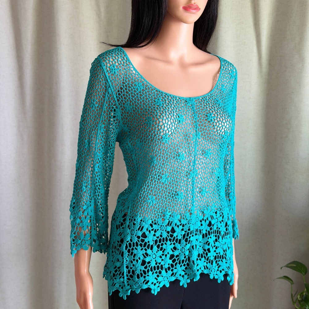 Vtg Y2K Le Dor Womens Teal Crochet Lace Knit Top 100% Cotton 3/4 Sleeve Floral M